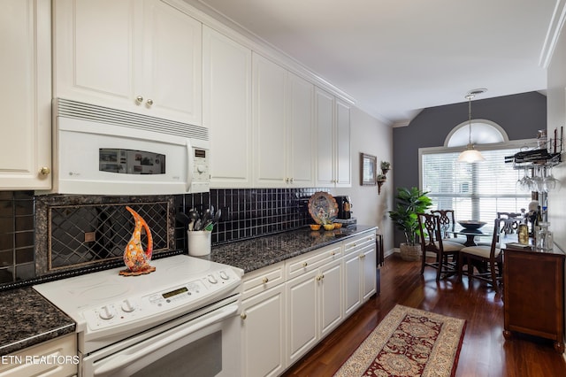 614 Chapel Point Ln, Knoxville, TN 37934 - kitchen featuring white appliances, tasteful backsplash, dark wood finished floors, white cabinetry, and ornamental molding