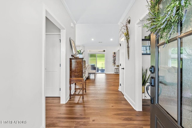 140 Walelu Trl, Vonore, TN 37885 - hallway with ornamental molding, wood finished floors, and recessed lighting