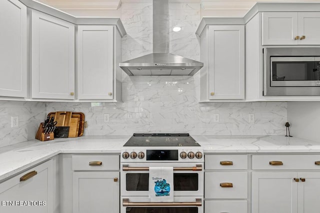 140 Walelu Trl, Vonore, TN 37885 - kitchen featuring wall chimney range hood, electric stove, stainless steel microwave, and tasteful backsplash
