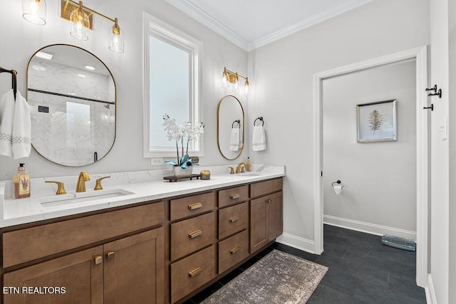 140 Walelu Trl, Vonore, TN 37885 - full bathroom featuring double vanity, crown molding, a shower, and tile patterned flooring