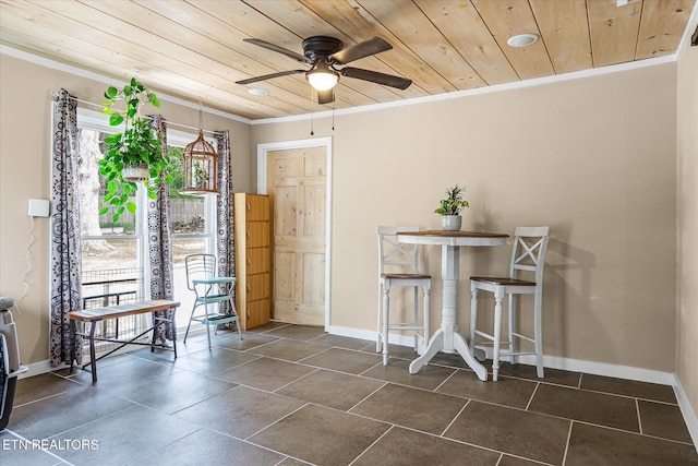 1010 Smallwood Rd, Jamestown, TN 38556 - dining space with wooden ceiling, ornamental molding, a ceiling fan, and dark tile patterned floors