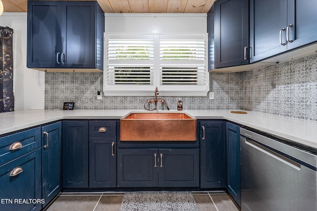 1010 Smallwood Rd, Jamestown, TN 38556 - kitchen with stainless steel dishwasher, blue cabinetry, wood ceiling, and backsplash