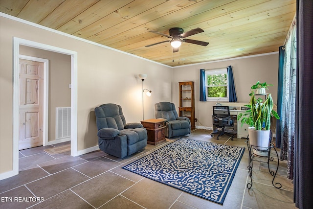 1010 Smallwood Rd, Jamestown, TN 38556 - living area with wooden ceiling, ornamental molding, a desk, ceiling fan, and tile patterned floors