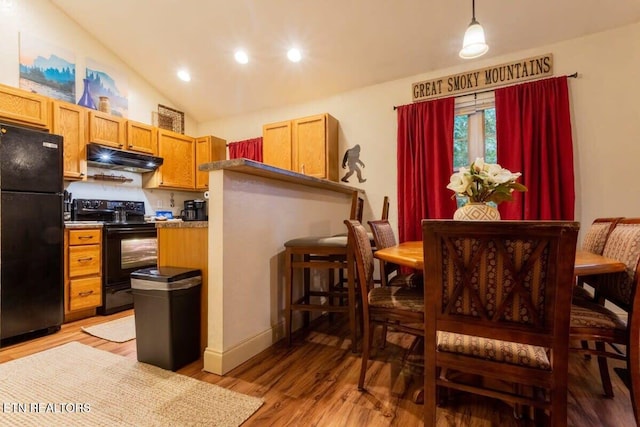541 Johnson Ln Unit 2, Gatlinburg, TN 37738 - kitchen featuring black appliances, under cabinet range hood, light wood-style flooring, vaulted ceiling, and recessed lighting