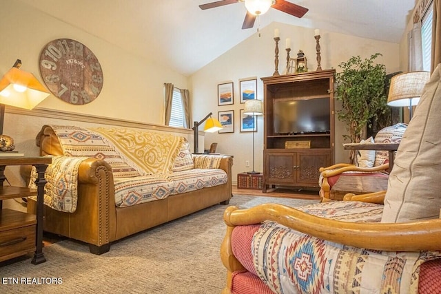 541 Johnson Ln Unit 1 & 2, Gatlinburg, TN 37738 - living area featuring healthy amount of natural light, vaulted ceiling, ceiling fan, and carpet flooring