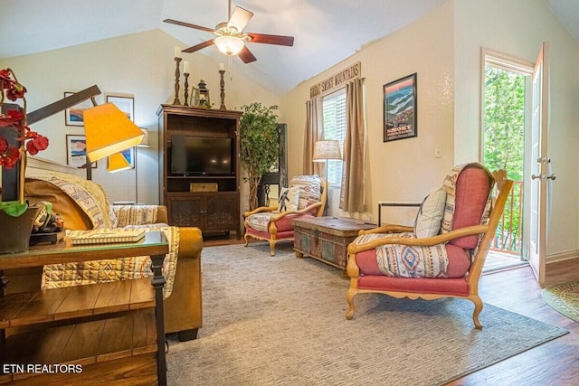 541 Johnson Ln Unit 1 & 2, Gatlinburg, TN 37738 - sitting room with vaulted ceiling, a ceiling fan, wood finished floors, and healthy amount of natural light