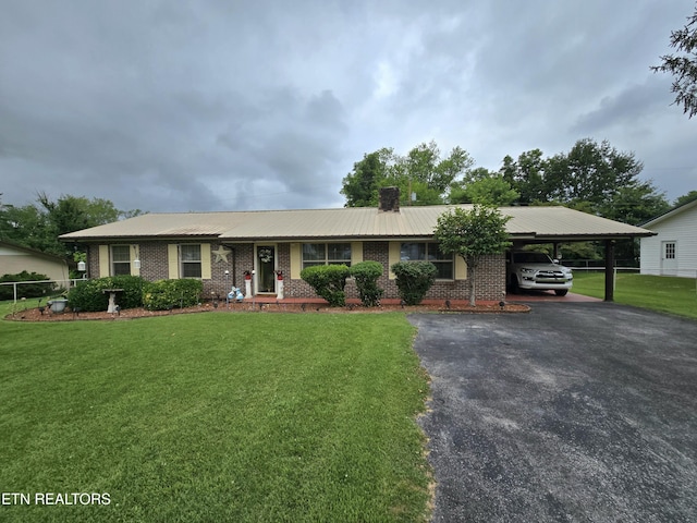 340 Machine Branch Rd, Ewing, VA 24248 - ranch-style house with asphalt driveway, an attached carport, brick siding, and a chimney