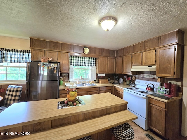 340 Machine Branch Rd, Ewing, VA 24248 - kitchen featuring white electric range, freestanding refrigerator, under cabinet range hood, a textured ceiling, and butcher block counters