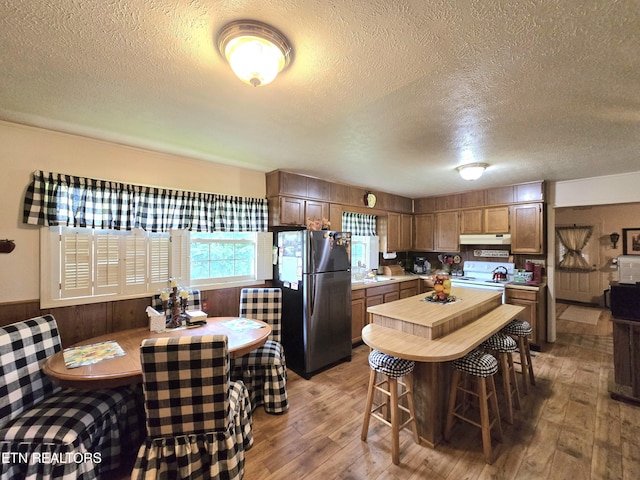 340 Machine Branch Rd, Ewing, VA 24248 - kitchen with freestanding refrigerator, hardwood / wood-style floors, a textured ceiling, under cabinet range hood, and electric stove