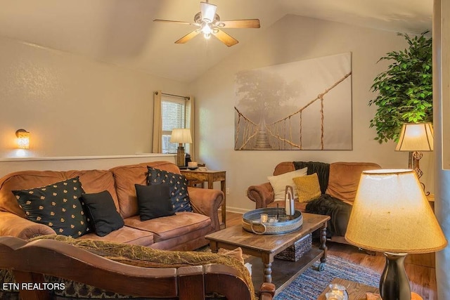 516 Proffitt Rd Unit 1 & 2, Gatlinburg, TN 37738 - living room with wood finished floors, ceiling fan, and vaulted ceiling