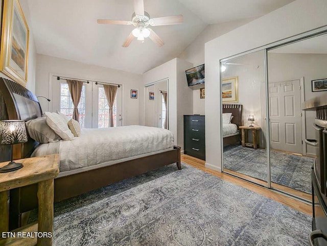 516 Proffitt Rd Unit 1 & 2, Gatlinburg, TN 37738 - bedroom featuring wood finished floors, vaulted ceiling, ceiling fan, french doors, and access to exterior