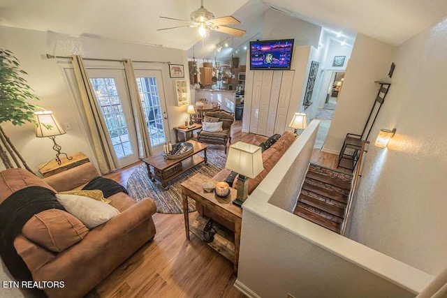 516 Proffitt Rd Unit 1 & 2, Gatlinburg, TN 37738 - living area featuring wood finished floors, ceiling fan, and vaulted ceiling