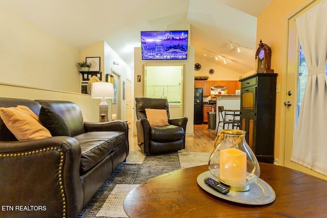 516 Proffitt Rd Unit 1 & 2, Gatlinburg, TN 37738 - living area featuring vaulted ceiling, wood finished floors, and track lighting