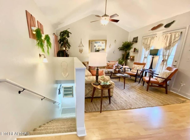 520 Proffitt Rd Unit 1, Gatlinburg, TN 37738 - living room with vaulted ceiling, a ceiling fan, wood finished floors, and stairway