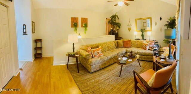 520 Proffitt Rd Unit 1, Gatlinburg, TN 37738 - living area with a ceiling fan, wood finished floors, and lofted ceiling