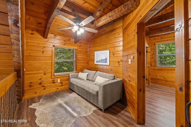 4372 Boogertown Rd Unit 2, Sevierville, TN 37876 - sitting room featuring wood ceiling, wood finished floors, wooden walls, and ceiling fan