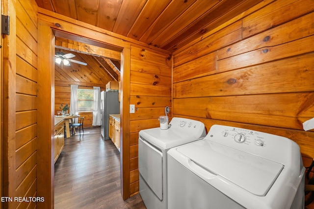 4372 Boogertown Rd Unit 2, Sevierville, TN 37876 - washroom with wooden ceiling, washing machine and dryer, wood walls, dark wood-type flooring, and ceiling fan