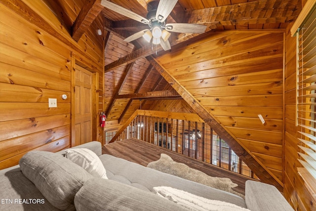 4372 Boogertown Rd Unit 2, Sevierville, TN 37876 - living area with wood ceiling, wood walls, and ceiling fan