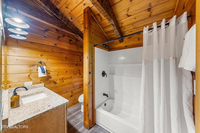 4372 Boogertown Rd Unit 2, Sevierville, TN 37876 - bathroom with wood ceiling, wood finished floors, shower / bath combo, vanity, and wood walls