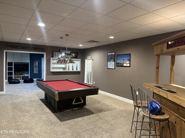 667 Pine Hollow Rd, Jacksboro, TN 37757 - recreation room featuring carpet floors, pool table, recessed lighting, and a drop ceiling
