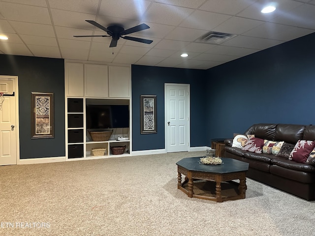 667 Pine Hollow Rd, Jacksboro, TN 37757 - carpeted living area featuring a ceiling fan, a paneled ceiling, and recessed lighting