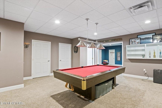 667 Pine Hollow Rd, Jacksboro, TN 37757 - recreation room featuring carpet, billiards, recessed lighting, and a drop ceiling