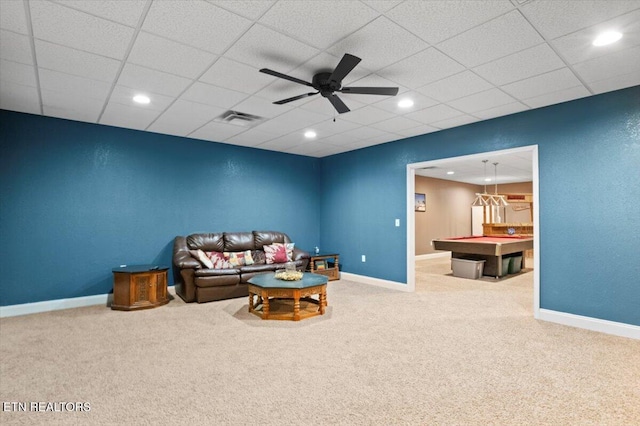 667 Pine Hollow Rd, Jacksboro, TN 37757 - living area featuring carpet, recessed lighting, a ceiling fan, and billiards table