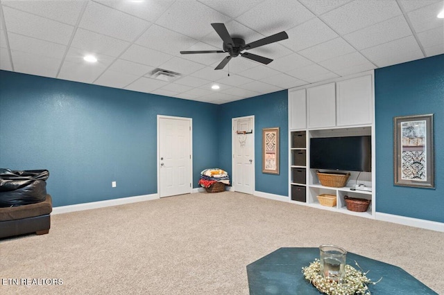 667 Pine Hollow Rd, Jacksboro, TN 37757 - playroom with carpet flooring, ceiling fan, recessed lighting, and a drop ceiling