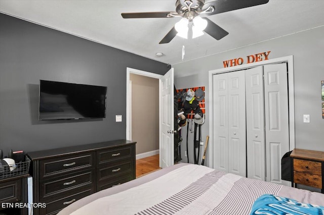 667 Pine Hollow Rd, Jacksboro, TN 37757 - bedroom featuring a closet, a ceiling fan, and wood finished floors