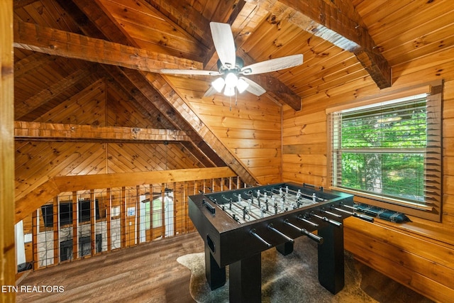 4372 Boogertown Rd Unit 4, Sevierville, TN 37876 - playroom featuring wooden ceiling, wooden walls, wood finished floors, and a ceiling fan