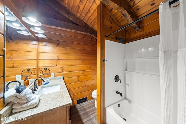 4372 Boogertown Rd Unit 4, Sevierville, TN 37876 - bathroom featuring wood ceiling, vanity, wood walls, shower / bath combination with curtain, and wood finished floors