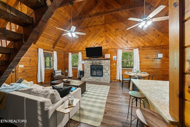 4372 Boogertown Rd Unit 4, Sevierville, TN 37876 - living room featuring ceiling fan, a stone fireplace, wood walls, a wooden ceiling with exposed beams, and wood finished floors