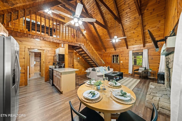 4372 Boogertown Rd Unit 4, Sevierville, TN 37876 - dining room featuring a wood ceiling with exposed beams, stairway, light wood-style floors, ceiling fan, and wood walls