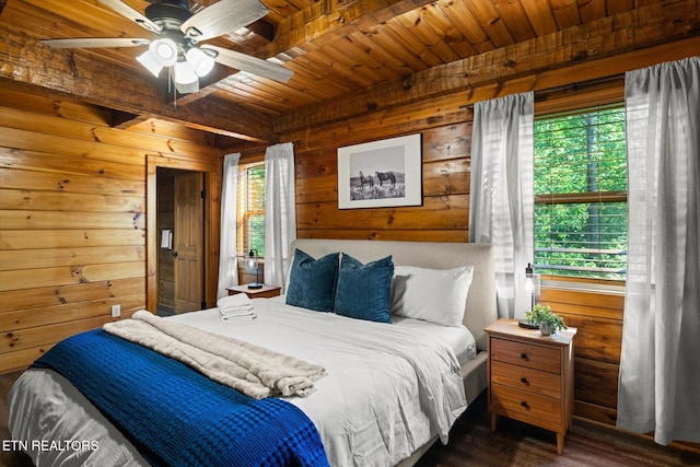 4372 Boogertown Rd Unit 4, Sevierville, TN 37876 - bedroom with a wood ceiling with exposed beams, wood finished floors, wood walls, and a ceiling fan