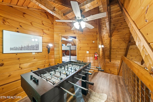 4372 Boogertown Rd Unit 4, Sevierville, TN 37876 - playroom with wooden walls, ceiling fan, hardwood / wood-style floors, and a wooden ceiling with exposed beams
