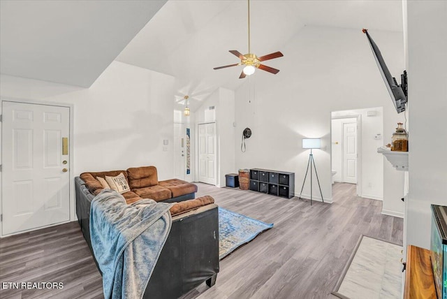 4802 Beverly Field Way, Knoxville, TN 37918 - living area featuring ceiling fan, high vaulted ceiling, and wood finished floors