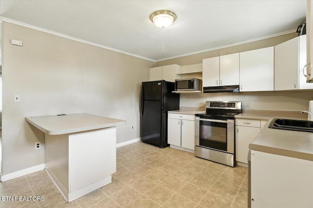 428 Wilderness Rd, Middlesboro, KY 40965 - kitchen with appliances with stainless steel finishes, under cabinet range hood, light countertops, ornamental molding, and a peninsula