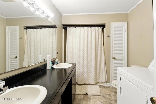 428 Wilderness Rd, Middlesboro, KY 40965 - full bathroom featuring a closet, double vanity, stone finish floors, crown molding, and curtained shower