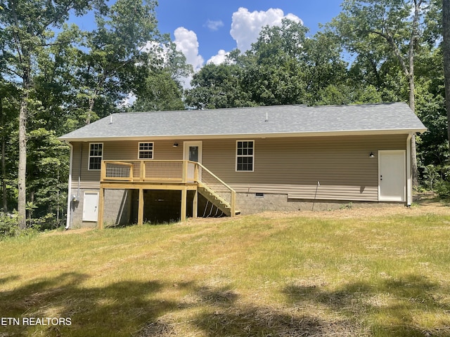 1112 Whispering Pine Ln, Jamestown, TN 38556 - back of house featuring a deck, stairs, a lawn, and a shingled roof