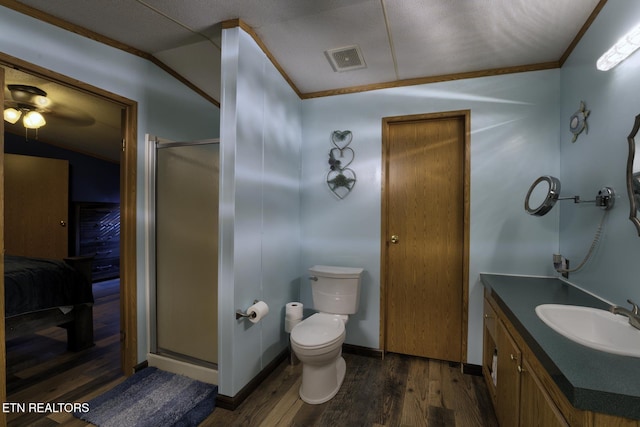 1872 Mitchell Farm Rd, Sevierville, TN 37876 - full bathroom featuring vanity, wood finished floors, a shower stall, ensuite bath, and ornamental molding