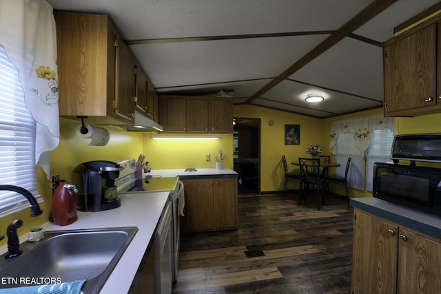 1872 Mitchell Farm Rd, Sevierville, TN 37876 - kitchen featuring white range with electric cooktop, black microwave, lofted ceiling, dark wood-style floors, and under cabinet range hood