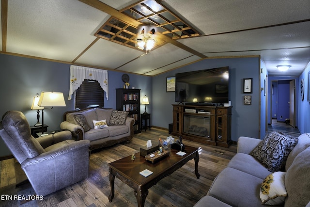 1872 Mitchell Farm Rd, Sevierville, TN 37876 - living room with wood finished floors, vaulted ceiling, and a glass covered fireplace