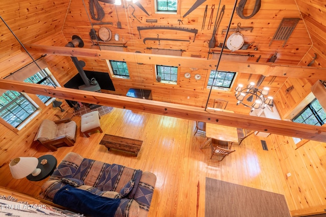 861 Windy Hill Way, Cosby, TN 37722 - living room featuring high vaulted ceiling, plenty of natural light, wood walls, and wood finished floors