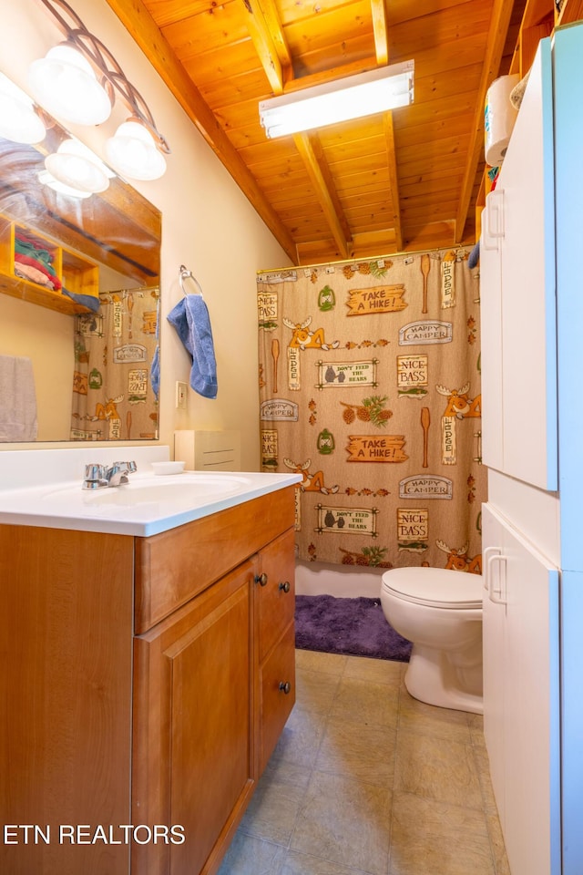 861 Windy Hill Way, Cosby, TN 37722 - full bath with a wooden ceiling with exposed beams, vanity, and curtained shower