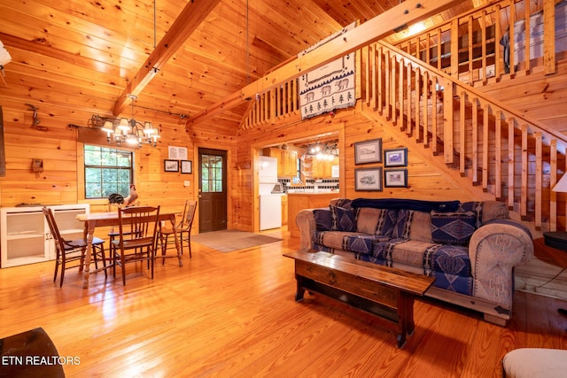 861 Windy Hill Way, Cosby, TN 37722 - living area with a chandelier, wooden walls, light wood-style floors, wood ceiling, and stairs