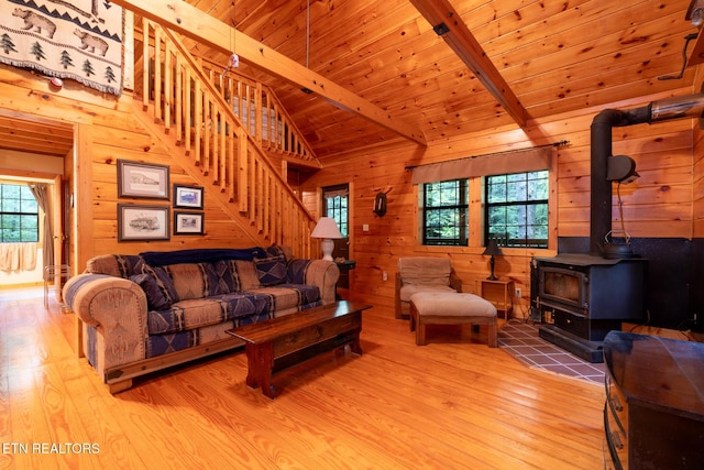 861 Windy Hill Way, Cosby, TN 37722 - living area with healthy amount of natural light, wood finished floors, stairs, a wood stove, and wood ceiling