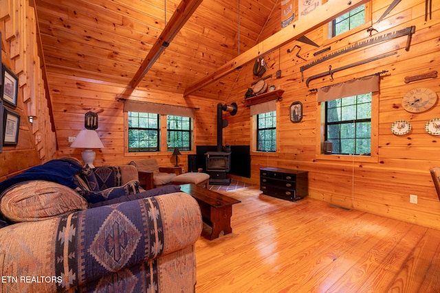 861 Windy Hill Way, Cosby, TN 37722 - living area with a wood stove, wood walls, wood finished floors, high vaulted ceiling, and a wood ceiling with exposed beams