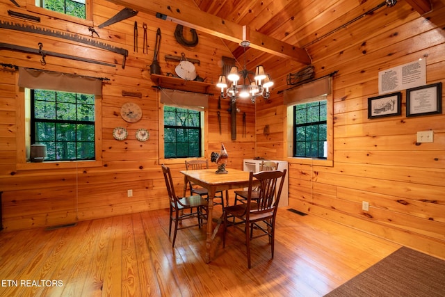 861 Windy Hill Way, Cosby, TN 37722 - dining area featuring plenty of natural light, wooden walls, a chandelier, wood ceiling, and light wood-style floors