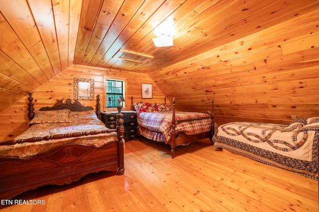 861 Windy Hill Way, Cosby, TN 37722 - bedroom with wooden ceiling, wood walls, hardwood / wood-style flooring, and vaulted ceiling