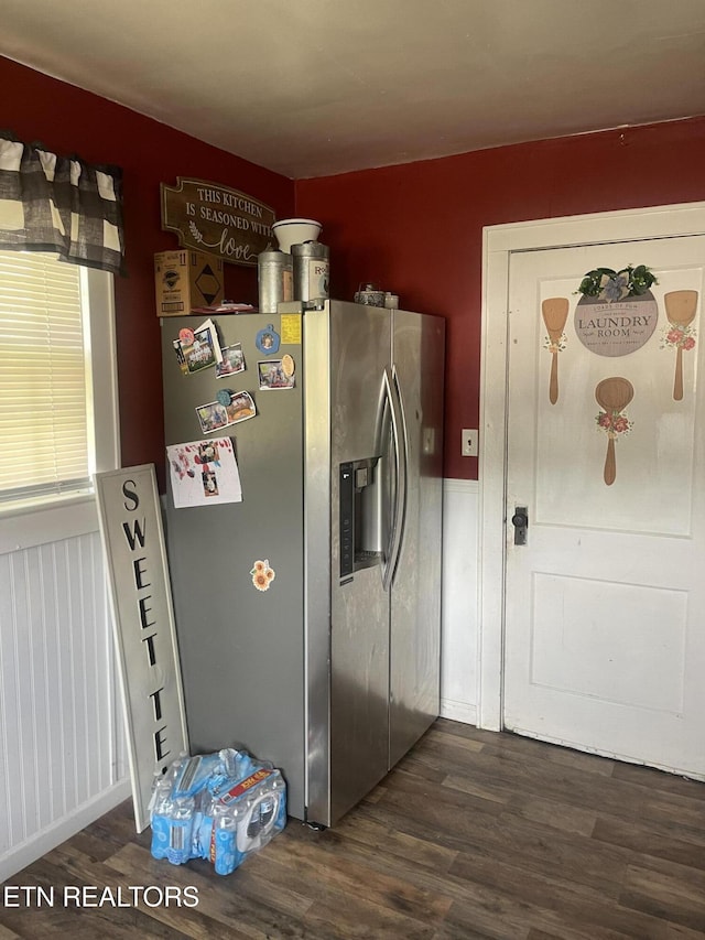 189 Bacon St, Jellico, TN 37762 - kitchen with stainless steel fridge, dark wood-style flooring, and wainscoting